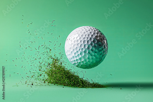 Studio mockup of a golf ball in mid-air above a mound of grass showcasing motion and dynamic energy