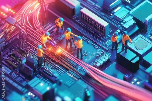 A high-tech website downtime illustration with network cables being repaired by tiny workers.