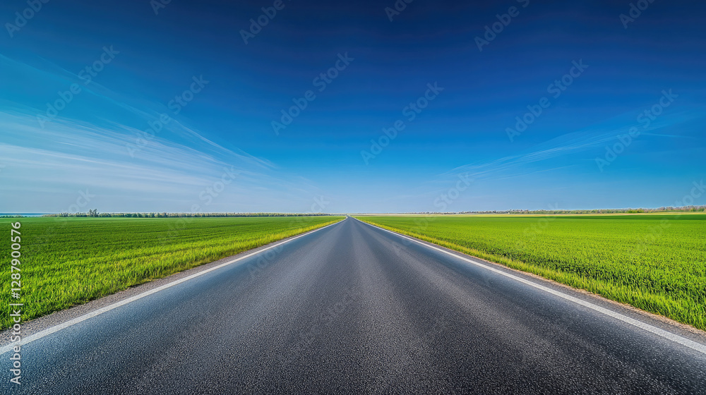 Wide road into distance, flanked by green fields and blue sky. High-definition, horizontal composition. Serene beauty. Wide road into distance, flanked by green fields and blue sky. High-definition, horizontal composition. Serene beauty.