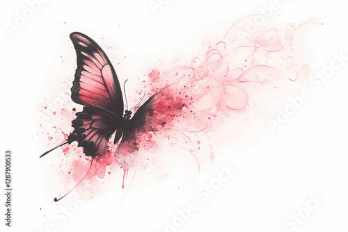 Pink and black butterfly watercolor painting.  Delicate, ethereal, and graceful.
