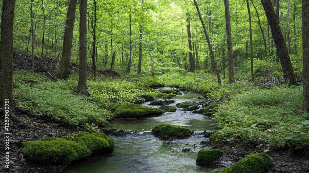 A peaceful woodland scene with a small creek running through the trees, surrounded by lush greenery and moss-covered rocks. A peaceful woodland scene with a small creek running through the trees, surrounded by lush greenery and moss-covered rocks.