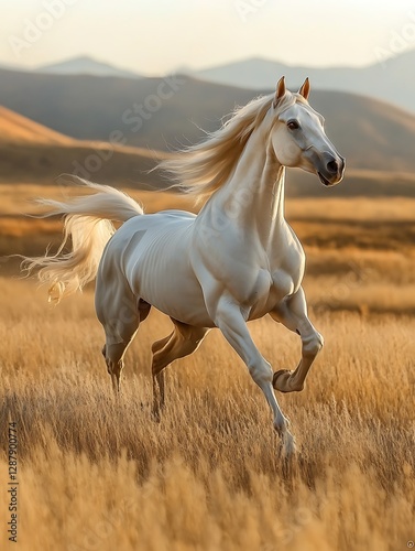 Majestic white horse galloping through golden field, mountains in background photo