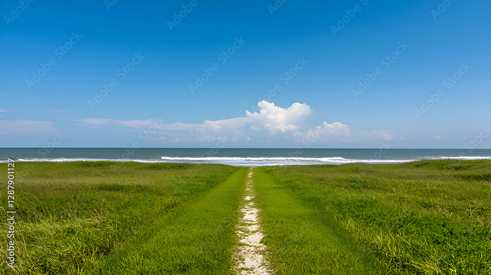 Obraz premium Sandy Path Through Beach Grass Leading to Ocean Under Blue Sky