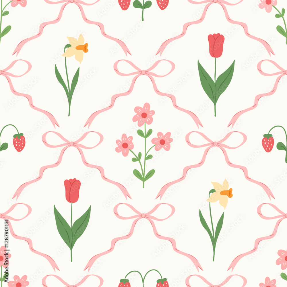 Floral trellis seamless pattern with bows and ribbons. Preppy spring summer hand drawn flowers. Botanical elegant trendy print. Vintage design for fabric, wallpaper or wrapping paper.