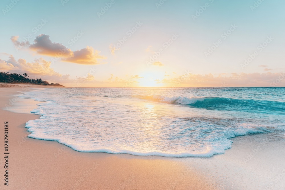 Peaceful untouched beach at sunrise with gentle waves and calm atmosphere in the early morning light. Generative AI Peaceful untouched beach at sunrise with gentle waves and calm atmosphere in the early morning light. Generative AI