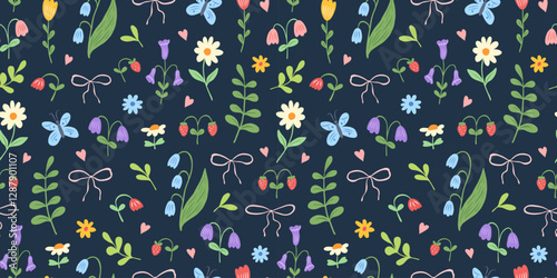 Floral cute seamless pattern with hand drawn beautiful flowers, bows, strawberry, butterfly, leaves and herb. Spring and summer trendy background. Abstract modern print. Vector flat illustration.