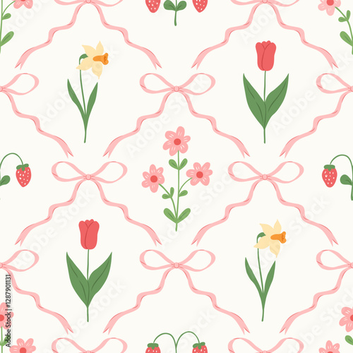 Floral trellis seamless pattern with bows and ribbons. Preppy spring summer hand drawn flowers. Botanical elegant trendy print. Vintage design for fabric, wallpaper or wrapping paper.