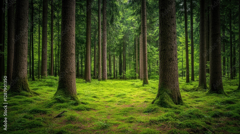 A quiet evergreen forest with towering trees and a carpet of fallen needles, creating a peaceful atmosphere. A quiet evergreen forest with towering trees and a carpet of fallen needles, creating a peaceful atmosphere.