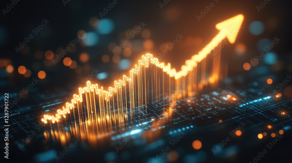Fototapeta premium A rising bar chart with a glowing upward arrow on a dark background, symbolizing increasing sales and business growth.