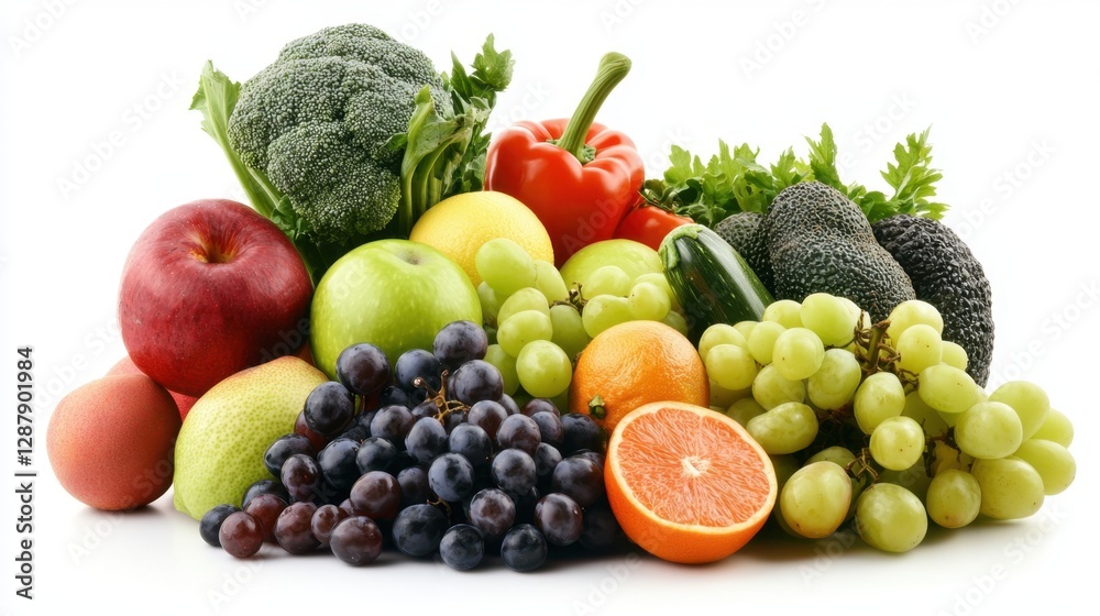 A vibrant array of fresh fruits and vegetables placed on a white background, perfect for health-conscious lifestyle marketing. A vibrant array of fresh fruits and vegetables placed on a white background, perfect for health-conscious lifestyle marketing.
