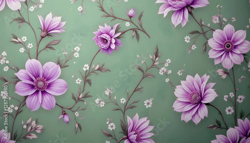 Charming floral background with purple flowers and delicate branches