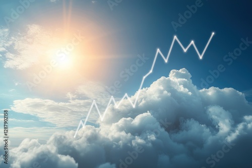 3D trend line graph ascending into the clouds with a bright, clear background