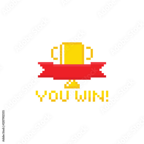 pixel You win  icon trophy winner with ribbon 8 bit icon for computer game