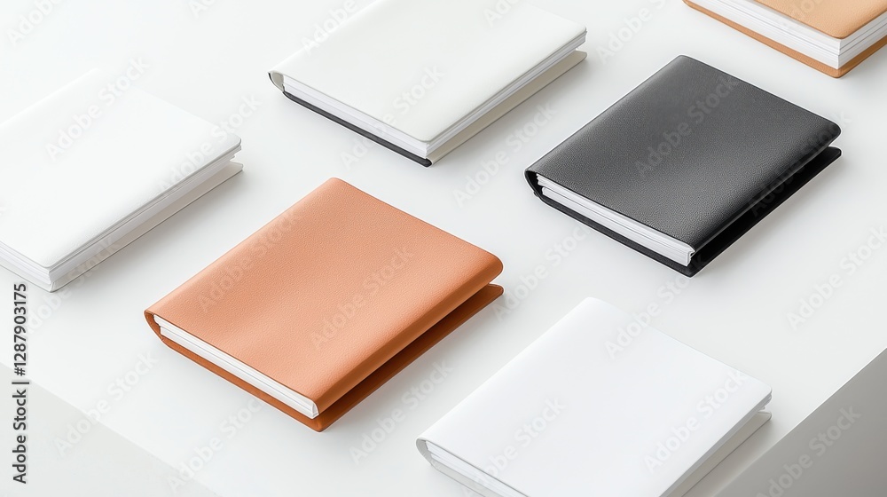 Fototapeta premium Minimalist notebooks in various colors on a white table, showcasing sleek design and organization essentials.