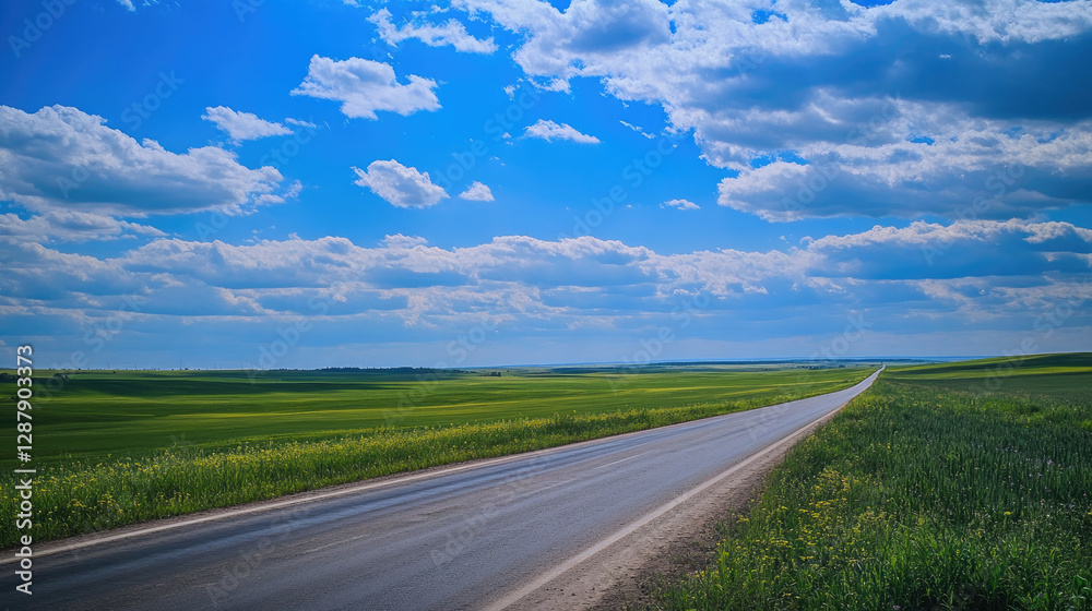 Wide road into distance, flanked by green fields and blue sky. High-definition, horizontal composition. Serene beauty. Wide road into distance, flanked by green fields and blue sky. High-definition, horizontal composition. Serene beauty.