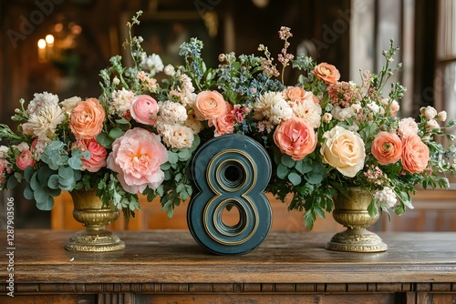Elegant Floral Arrangement with Vintage Number Eight for Event Decor