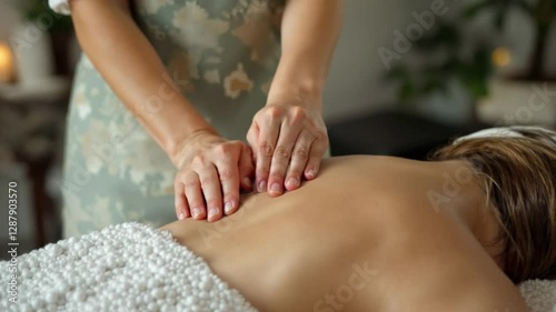 Calm, shoulder massage and woman at spa for health, wellness and luxury beauty treatment for relaxing. Peace, body care and young female person with natural therapy routine for rest at cosmetic