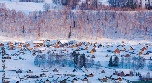 Hemu Village, Snowy Mountains, Forests, and Winter Snow Scenery in Xinjiang Uygur Autonomous Region, China On March 1st, 2023