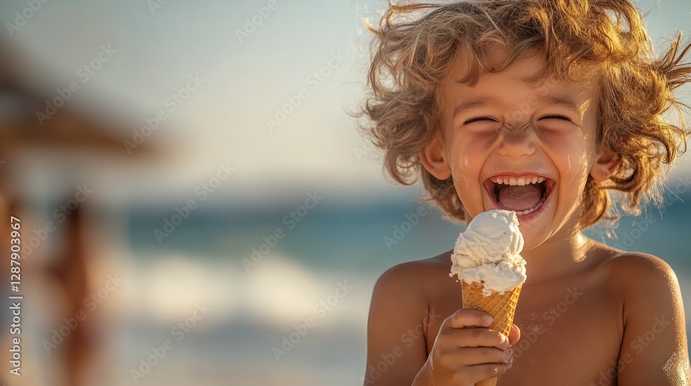Young boy is holding an ice cream cone and smiling. The scene is set on a beach, with the ocean in the background. The boy appears to be enjoying his treat and the beautiful surroundings Young boy is holding an ice cream cone and smiling. The scene is set on a beach, with the ocean in the background. The boy appears to be enjoying his treat and the beautiful surroundings