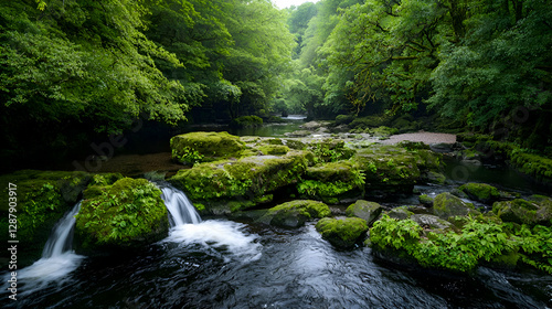 Serene River Scene in Lush Green Forest