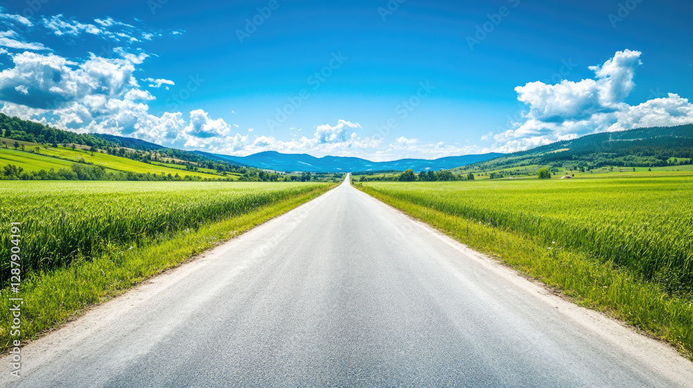 Fototapeta premium Wide road into distance, flanked by green fields and blue sky. High-definition, horizontal composition. Serene beauty.
