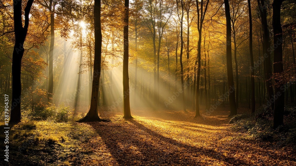 Naklejka premium A tranquil forest with soft golden sunlight streaming through the trees and illuminating the ground.