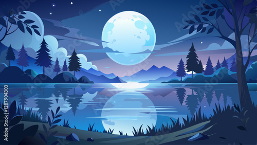 A full moon shines brightly over a calm lake, its reflection shimmering on the water's surface. The night sky is dotted with stars and framed by the silhouette of