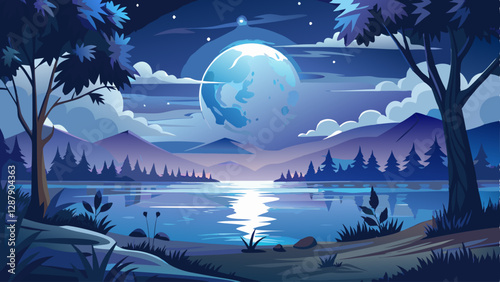 A full moon shines brightly over a calm lake, its reflection shimmering on the water's surface. The night sky is dotted with stars and framed by the silhouette of