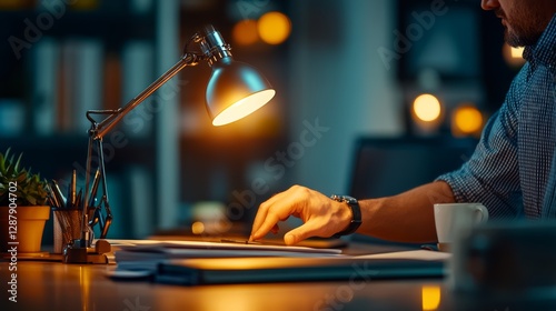 Man is typing on a laptop in a dimly lit room. The room is filled with books and a potted plant. The man is wearing a watch and has a cup of coffee on the table
