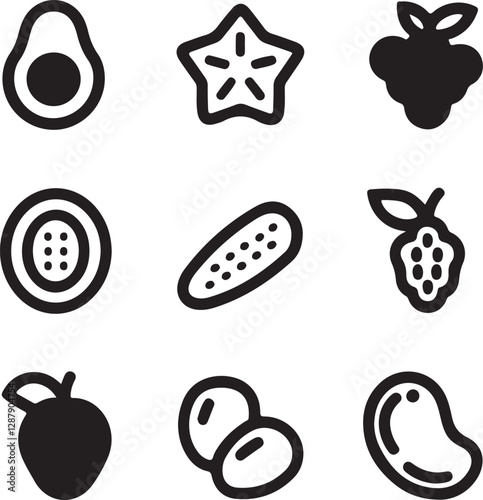 Fruit icon set in vector design featuring avocado, starfruit, grapes, cucumber, and more, perfect for healthy food, nutrition, and organic produce illustrations
