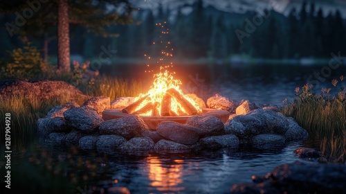 Serene Lakeside Campfire at Dusk
