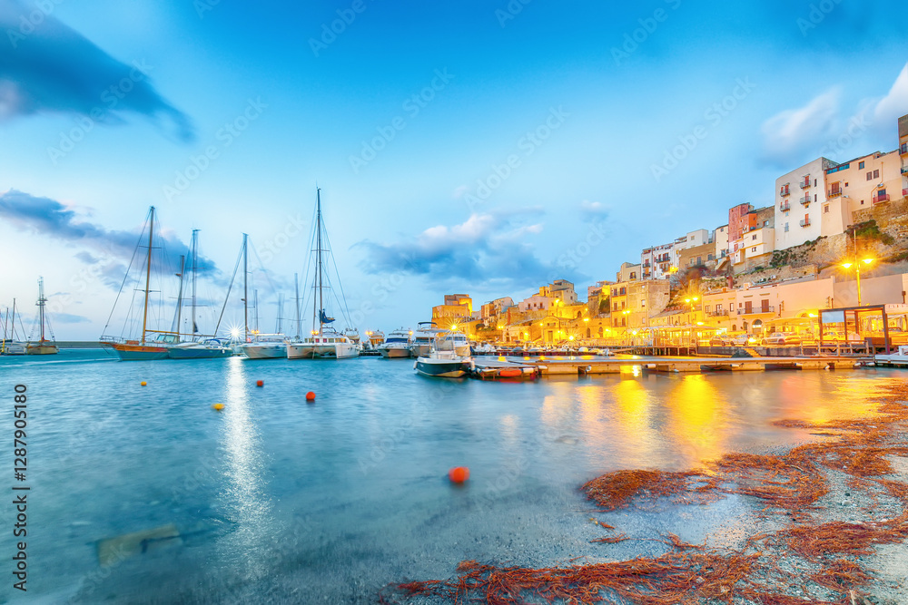 Superb evening cityscape of Castellammare del Golfo town.