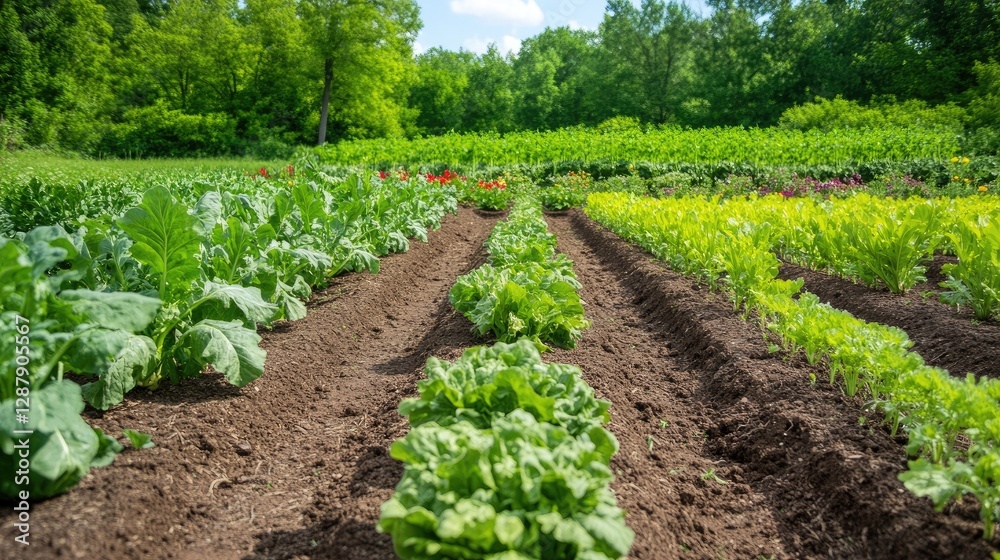 A well-maintained vegetable garden with rows of different crops growing in neat rows, under the warm sun. A well-maintained vegetable garden with rows of different crops growing in neat rows, under the warm sun.
