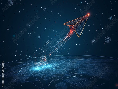 Abstract paper plane flight over Earth