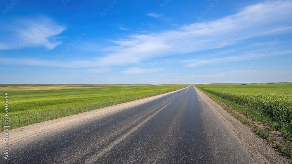Wide road into distance, flanked by green fields and blue sky. High-definition, horizontal composition. Serene beauty. Wide road into distance, flanked by green fields and blue sky. High-definition, horizontal composition. Serene beauty.