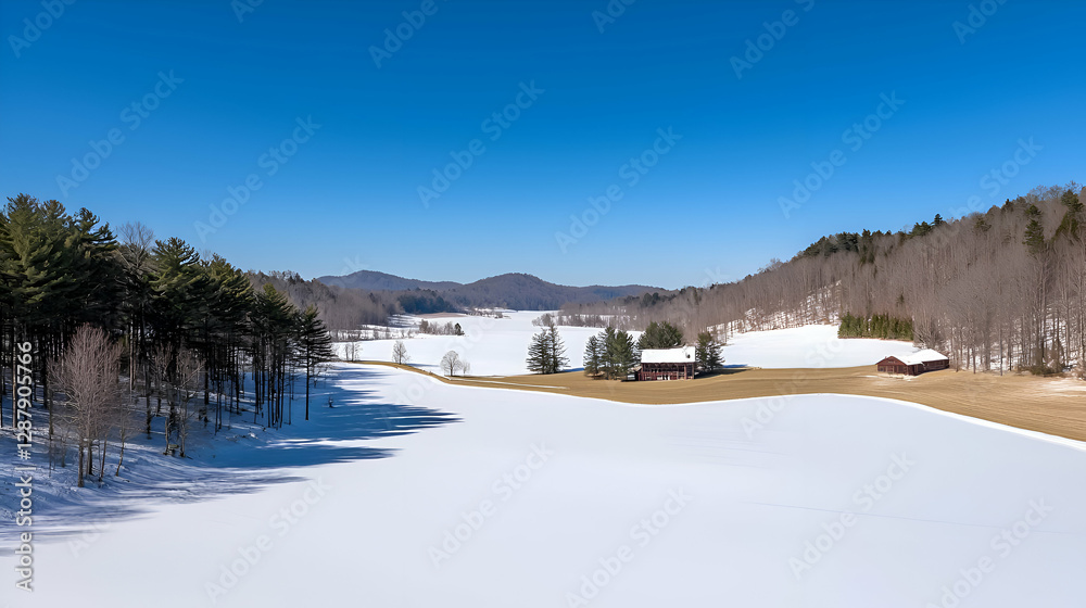 Fototapeta premium Winter Farmhouse Landscape: Snow Covered Field and Frozen Lake