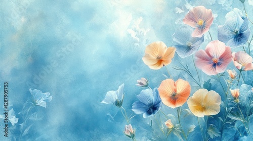 Serene Pastel Flowers in a Dreamy Blue Landscape