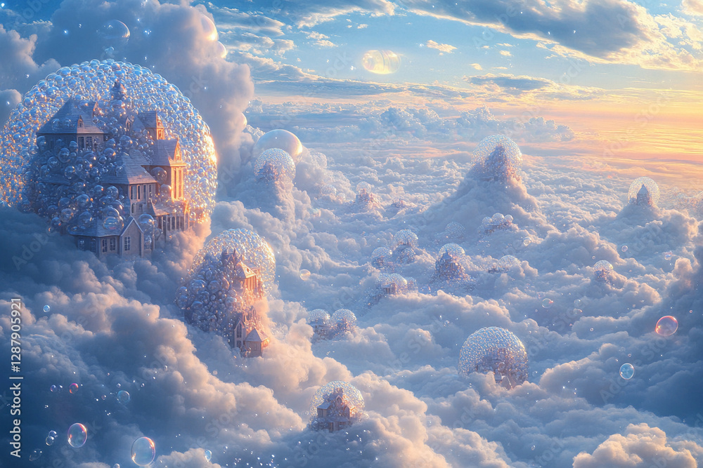 Obraz premium Magical village floating in clouds with glowing windows and soap bubbles at sunset