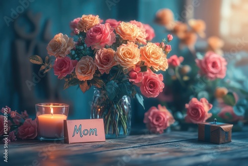 A heartfelt Mother's Day arrangement: a bouquet of roses, a burning candle, and a heartfelt message?a symbol of love and appreciation.