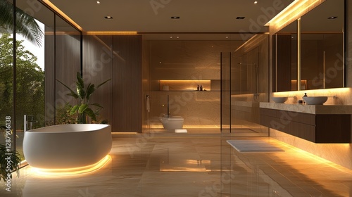 Luxury Modern Bathroom Design:  Warm Lighting, Freestanding Tub, and Exquisite Finishes