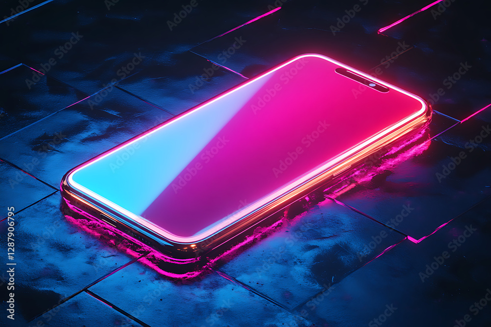 A neon-lit smartphone on a reflective surface, showcasing a futuristic design.
