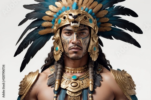 Close-up portrait of a man in Aztec-inspired headdress and jewelry.