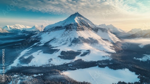 Majestic Winter Mountain Landscape: Aerial View of Snow-Covered Peaks and Frozen Forests