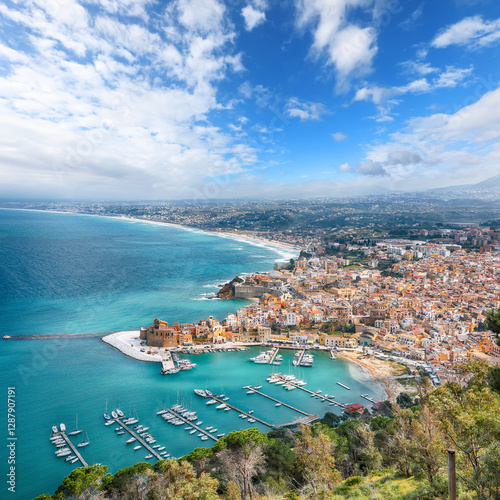 Obraz na płótnie Spectacular aerial cityscape of Castellammare del Golfo town w salonie
