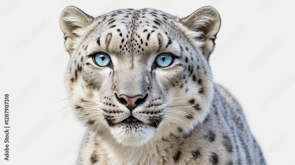 Close-up portrait of a snow leopard with striking blue eyes against a white background. Close-up portrait of a snow leopard with striking blue eyes against a white background.
