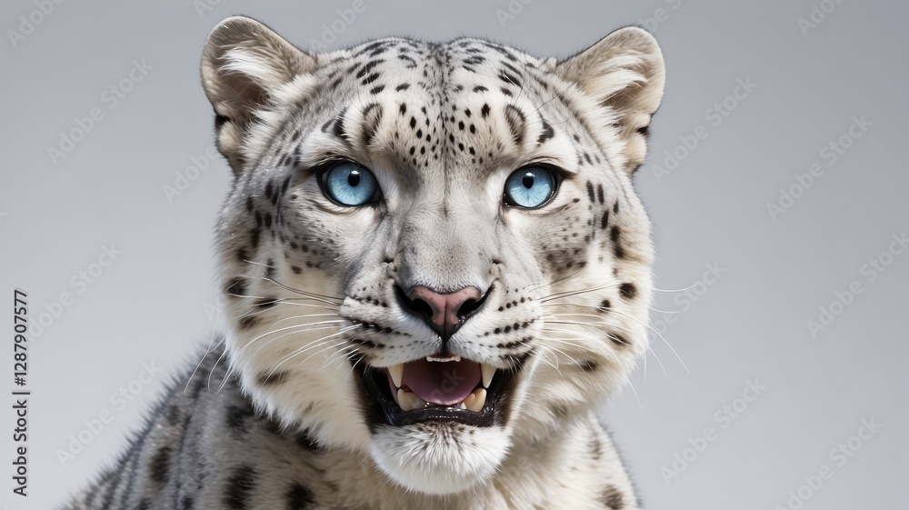 Obraz premium Close-up portrait of a snow leopard with vibrant blue eyes and slightly open mouth against a neutral background.