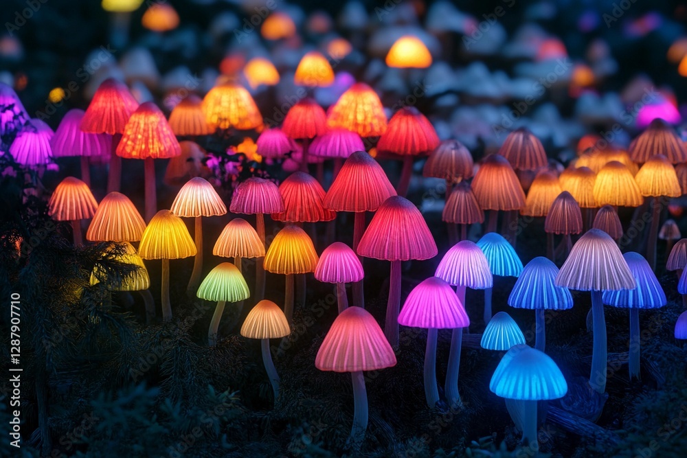 Fototapeta premium Vibrant bioluminescent mushrooms illuminate a mystical forest pathway during twilight hours
