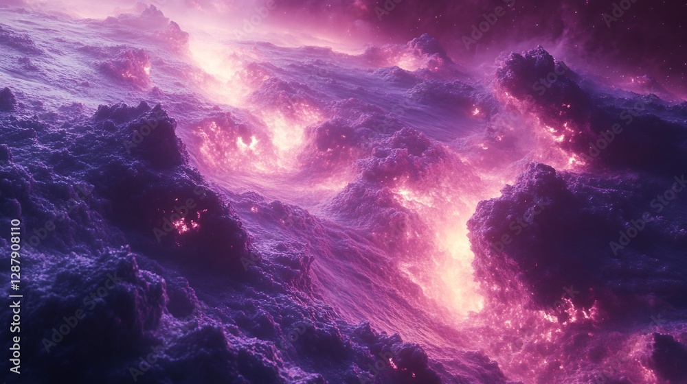 Pink and purple glowing lava flows dramatically across surreal alien landscape. AI Generated Pink and purple glowing lava flows dramatically across surreal alien landscape. AI Generated