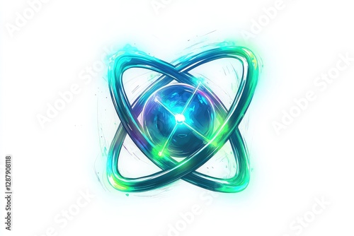 A digital vector of an atom with electric blue and green neon outlines, isolated on a white background for a sharp contrast.