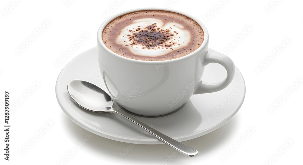 Obraz premium Hot Chocolate in White Ceramic Cup with Cocoa Powder on Top